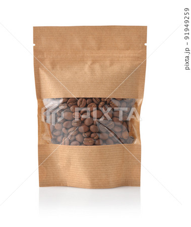 Front view of roasted coffee beans in paper bag 91949259