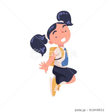 Happy Girl Pupil in Uniform with Tie and Backpack Jumping with Joy Excited About Back to School Vector Illustration 91949652
