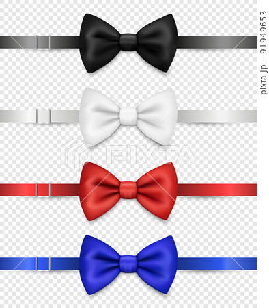 Vector 3d Realistic Black, White, Red, Blue Bow Tie with Ribbon, Clasp Set Isolated. Silk Glossy Bowtie, Tie Gentleman. Mockup, Design Template. Bow Tie for Man. Mens Fashion, Fathers Day Holiday 91949653