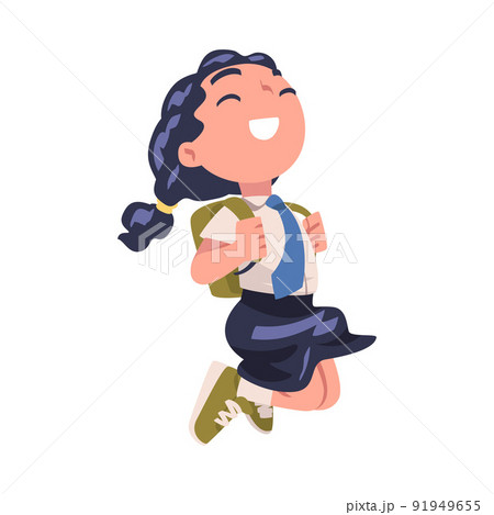 Happy Girl Pupil in Uniform with Tie and Backpack Jumping with Joy Excited About Back to School Vector Illustration 91949655
