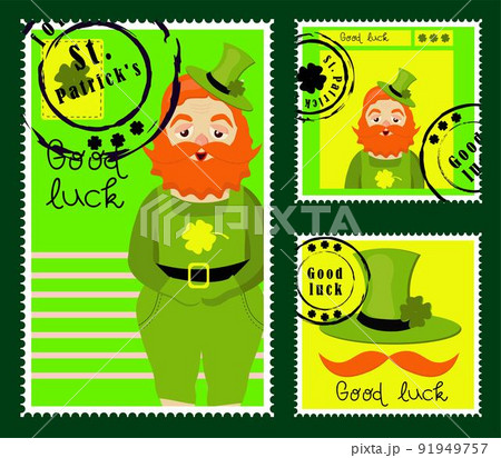 St Patrick's Day stamps. Postage stamps for letters. Patrick's stickers. Good luck. Hand drawn vector lettering with green hat and shamrock. Beer festival poster. Happy Ireland shamrock poster. 91949757