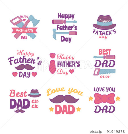 Cartoon Color Happy Fathers Day Typography Sign Badge Label Set Flat Design Style. Vector illustration of Dad Holiday Badges Labels 91949878