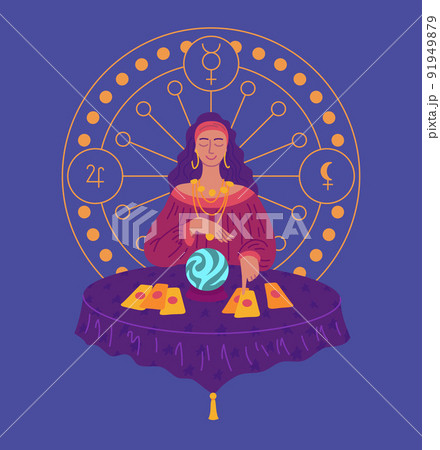Cartoon Color Character Woman Fortune Teller with Magic Crystal Ball Concept Flat Design Style. Vector illustration of Gypsy Girl 91949879