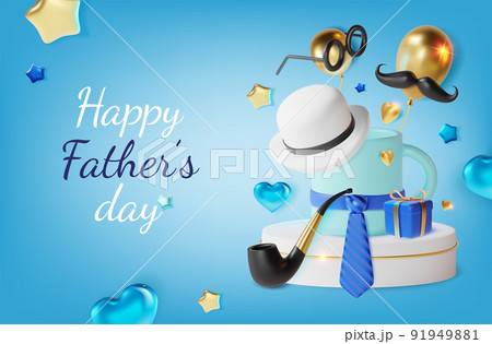 Realistic Detailed 3d Happy Fathers Day Concept Poster Greeting Card on a Blue. Vector illustration of Dad Holiday 91949881