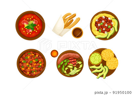 Stew with Beans and Taco on Plate as Traditional Mexican Dish Vector Set 91950100