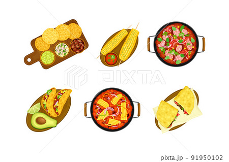 Hot Taco Crumpet and Stew with Maize on Plate as Traditional Mexican Dish Vector Set 91950102