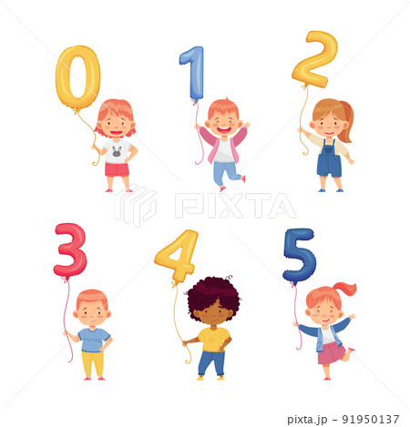 Cute Boy and Girl Holding Number Shaped Balloon by the String Vector Set 91950137