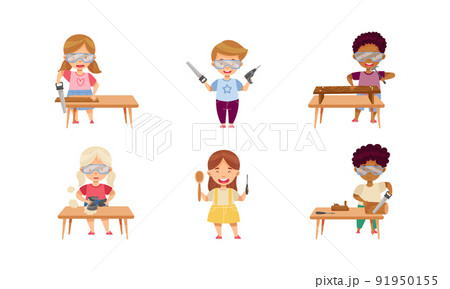 Children at Table Woodworking Making Items from Wood Vector Set Children at Table Woodworking Making Items from Wood Vector Set 91950155
