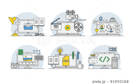 Online Profession with Learning Platform and Computer Interface Display Line Vector Set 91950168