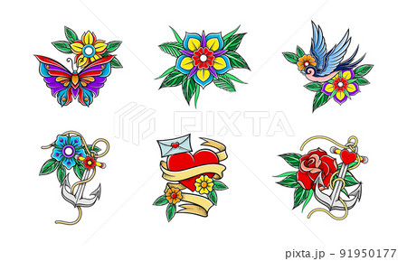 Old School Badge with Stylized Red Rose Bud, Swallow and Anchor Vector Set 91950177