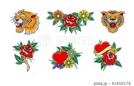 Old School Badge with Stylized Red Rose Bud, Heart and Tiger Head Vector Set Old School Badge with Stylized Red Rose Bud, Heart and Tiger Head Vector Set 91950178
