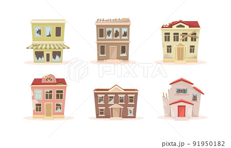Old Abandoned House and Decaying Suburban Cottage with Broken Windows Vector Set Old Abandoned House and Decaying Suburban Cottage with Broken Windows Vector Set 91950182