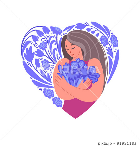 Young woman with flowers. Smiling girl on floral background heart shape. Young woman with flowers. Smiling girl on floral background heart shape. 91951183