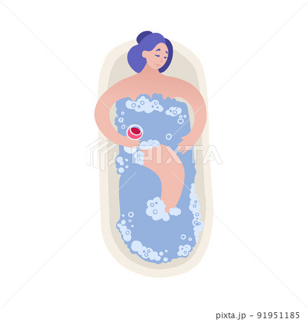 Peaceful and calm young woman with hair in a bun and a glass of wine enjoys a relaxing bath. Peaceful and calm young woman with hair in a bun and a glass of wine enjoys a relaxing bath. 91951185