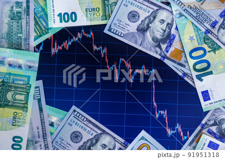 dollar and euro banknotes over digital screen with exchange chart, USD EUR parity concept 91951318