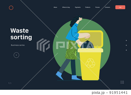 Ecology - Waste sorting -Modern flat vector concept illustration of a young woman putting a trash bag into the garbage container for plastic waste. Creative landing web page template 91951441