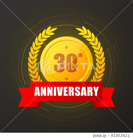 30 years anniversary gold button, label, logo on black backgrouund. Vector illustration. 30 years anniversary gold button, label, logo on black backgrouund. Vector illustration. 91952621