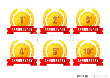 1,2,3,5,10 years anniversary gold button, label, logo on black backgrouund. Vector illustration. 91952880