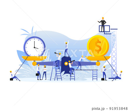 Time is money on scales icon. Flat people. Money and time balance on scale 91953848
