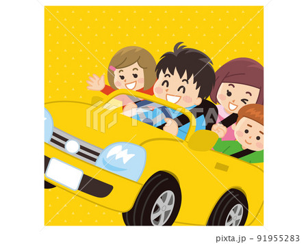 黄色い車で楽しくドライブしている家族 91955283