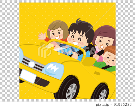 黄色い車で楽しくドライブしている家族 91955283