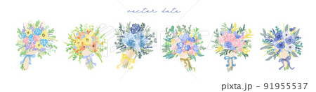 水彩画。水彩タッチの花束セット。手書き風おしゃれな花束のイラストセット。 水彩画。水彩タッチの花束セット。手書き風おしゃれな花束のイラストセット。 91955537