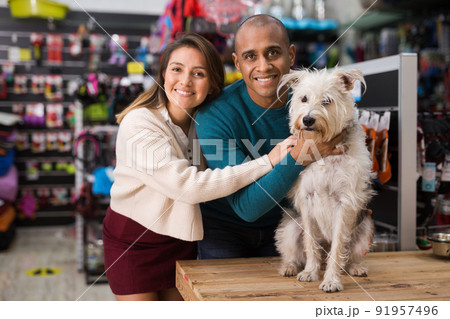 Couple looking for dog supplies in shop 91957496