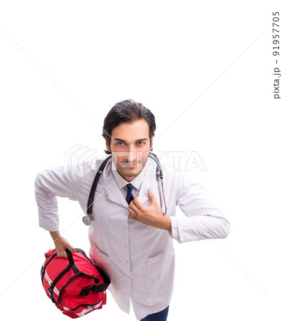 Young male doctor paramedic isolated on white 91957705