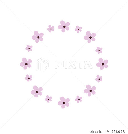 Beautiful round frame with pink cherry blossoms isolated on a white background. Spring frame for photos and design of postcards, booklets, posters, banners.Vector cartoon illustration. 91958098