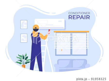 Air Conditioner Repair or Installation Illustration with Unit Breakdown, Maintenance Service, Cooling System in Flat Style Cartoon Concept 91958325