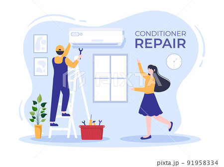 Air Conditioner Repair or Installation Illustration with Unit Breakdown, Maintenance Service, Cooling System in Flat Style Cartoon Concept 91958334