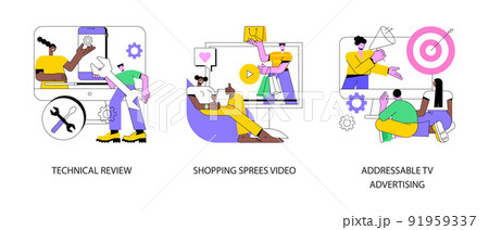 Video content abstract concept vector illustration set. Technical review, shopping sprees video, addressable TV advertising, personal vlog, target marketing, new device review abstract metaphor. Video content abstract concept vector illustration set. Technical review, shopping sprees video, addressable TV advertising, personal vlog, target marketing, new device review abstract metaphor. 91959337