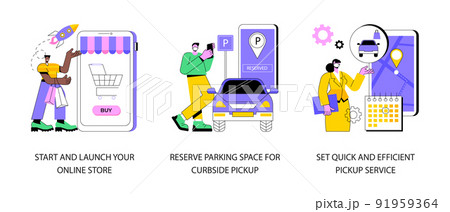 Covid19 business abstract concept vector illustration set. Start and launch your online store, reserve parking space, curbside pickup, set pickup service, employee safety abstract metaphor. Covid19 business abstract concept vector illustration set. Start and launch your online store, reserve parking space, curbside pickup, set pickup service, employee safety abstract metaphor. 91959364