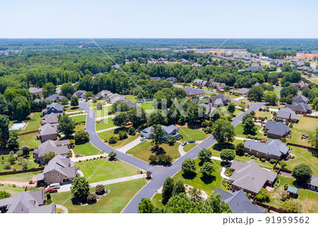 Top view of sleeping area in street a small town of from above aerial view in Boiling Springs 91959562