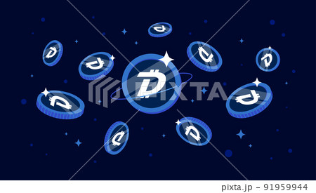 DigiByte (DGB) coins falling from the sky. DGB cryptocurrency concept banner background. 91959944