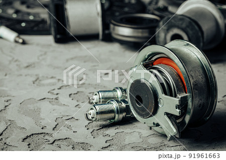 Car parts on grey textured concrete background 91961663