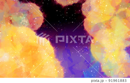 おもちゃ箱をひっくり返したようなポップな黄色い雲と星空の背景素材（横／青・紫・黄色） 91961883