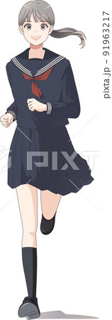 走る学生　中学生　高校生　セーラー服　ポニーテール　前向き　挑戦　進む 91963217