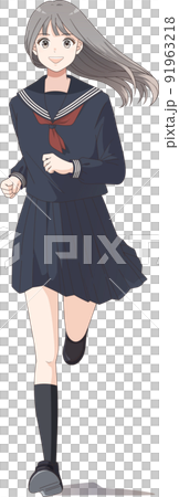 Running students, junior high school students, high school students, sailor suits, long hair, positive challenges, progress 91963218