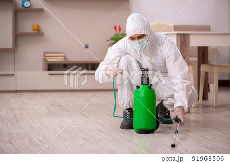 Young male contractor doing pest control at home 91963506