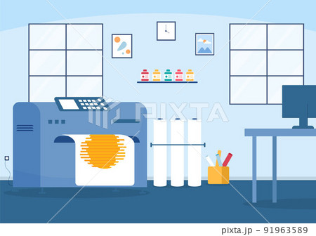 Print Shop Illustration with Production Process at Printing House and Machines for Operating big File Printers in Flat Style Cartoon 91963589