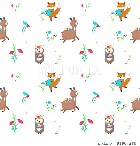 Vector seamless pattern with cute spring animalsのイラスト素材 [91964289] - PIXTA
