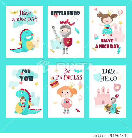 Vector set of cards with medieval knight, princess, dragon and quotes 91964310