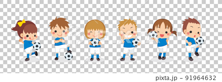 サッカーを楽しむ可愛い子供たちのイラスト　セット　白背景　バリエーション　ベクター 91964632
