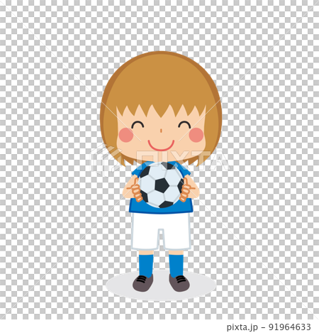 サッカーボールを持って微笑んでいる可愛い女の子のイラスト　白背景　全身　クリップアート　ベクター 91964633