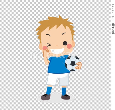 サッカーボールを抱えてガッツポーズをする可愛い男の子のイラスト 白背景 全身 クリップアートのイラスト素材