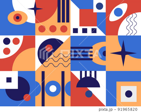 Bauhaus poster template with geometric colorful vivid eye pattern. Futuristic vector background. Abstract universal brochure in swiss retro minimal style.  91965820