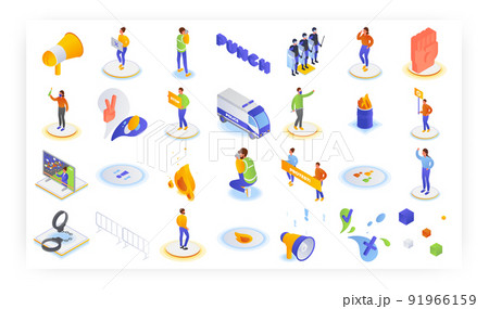 Protest, demonstration, picket, political strike, public disorder, riot, rebellion, punch, vector isometric icon set. Protest, demonstration, picket, political strike, public disorder, riot, rebellion, punch, vector isometric icon set. 91966159