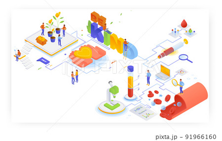 People growing hearts in pots, Be kind quote, blood structure test, flat vector isometric illustration. Charity, help. People growing hearts in pots, Be kind quote, blood structure test, flat vector isometric illustration. Charity, help. 91966160
