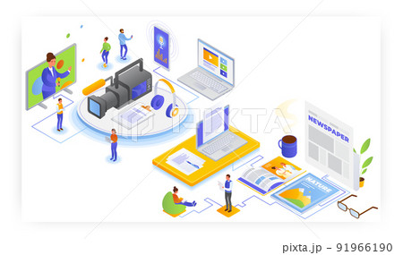 Broadcast and print journalism, vector isometric illustration. Radio television broadcasting. Press media. Polygraphy. Broadcast and print journalism, vector isometric illustration. Radio television broadcasting. Press media. Polygraphy. 91966190